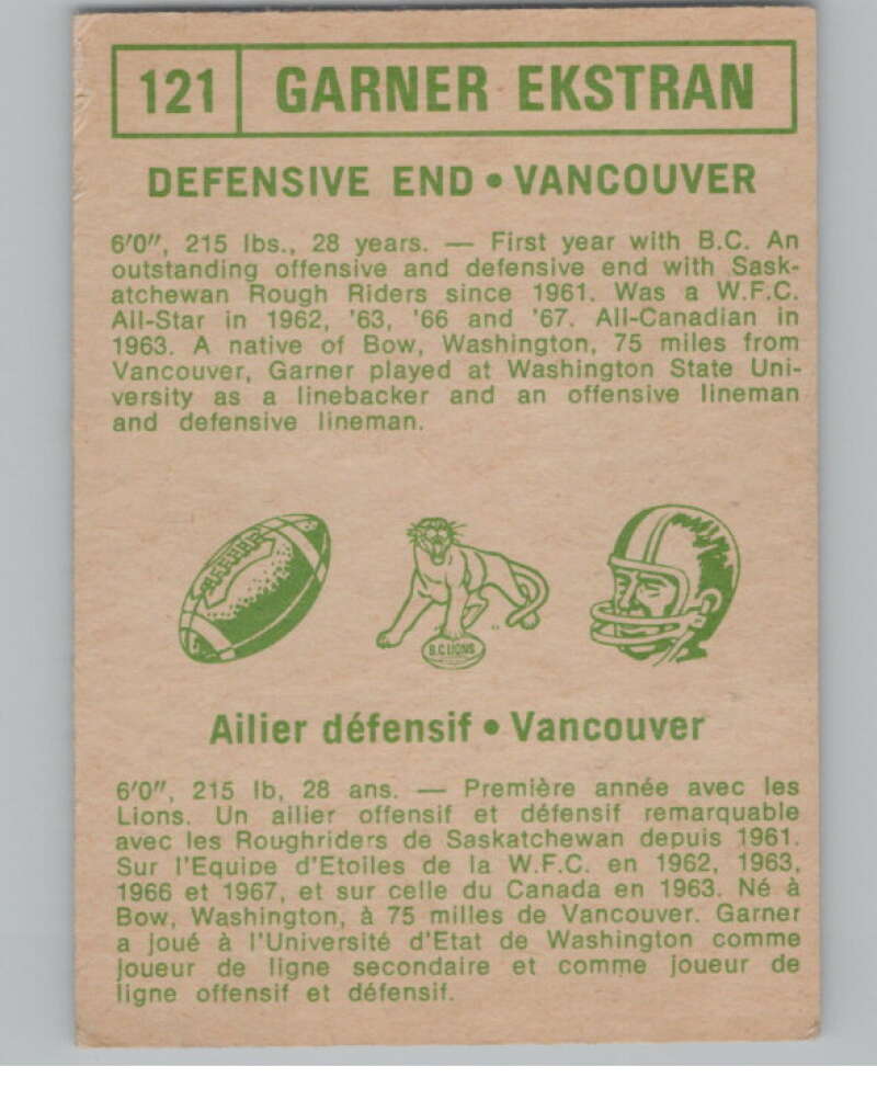 1968 O-Pee-Chee CFL #121 Garner Ekstran British Columbia Lions  101075 Image 2