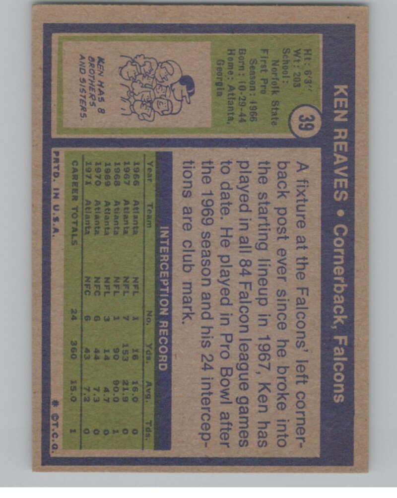 1972 Topps #39 Ken Reaves  Atlanta Falcons  101083 Image 2