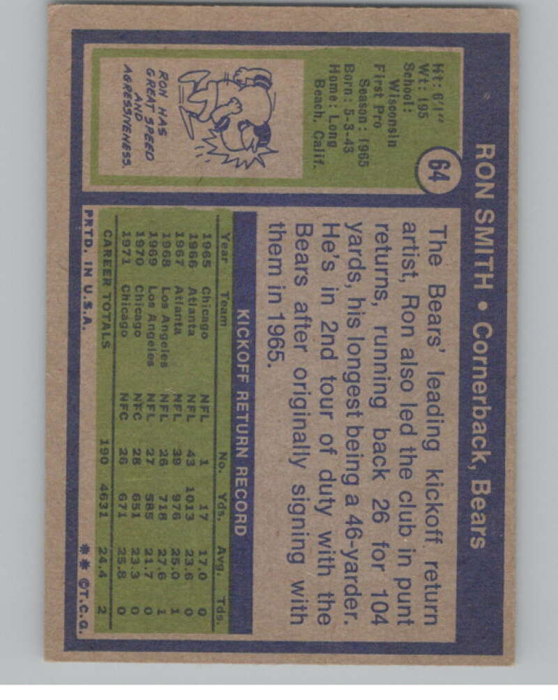 1972 Topps #64 Ron Smith  Chicago Bears  101085 Image 2