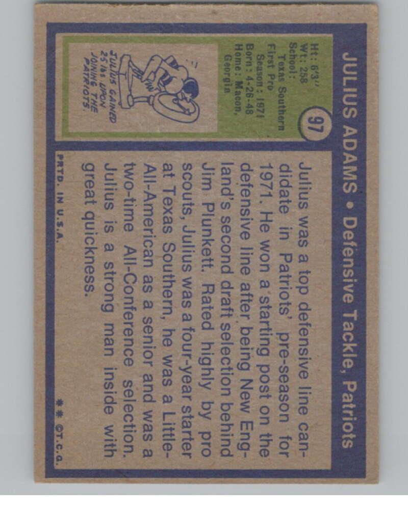1972 Topps #97 Julius Adams  New England Patriots  101087 Image 2