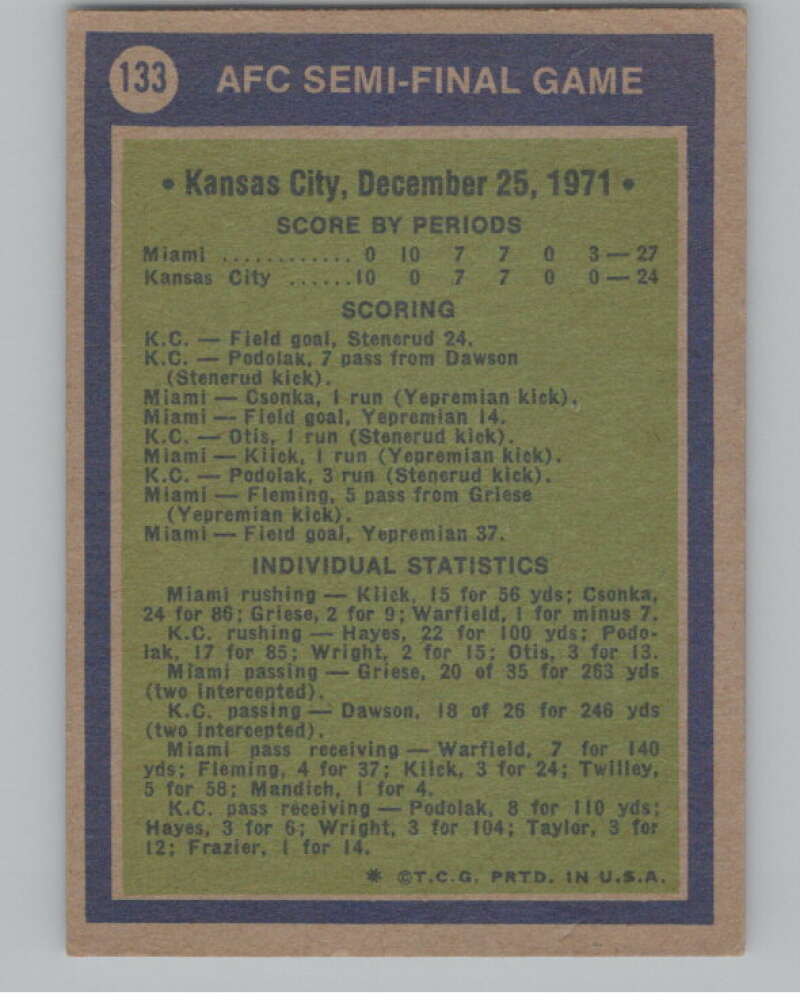 1972 Topps #133 AFC Semi-Final  Miami Dolphins/City Chiefs  101091 Image 2