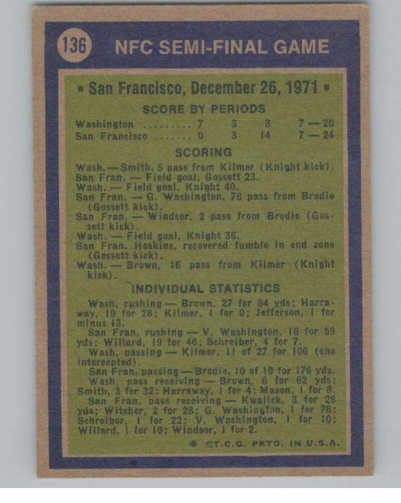 1972 Topps #136 NFC Semi-Final San Francisco 49ers/Washington  101092 Image 2