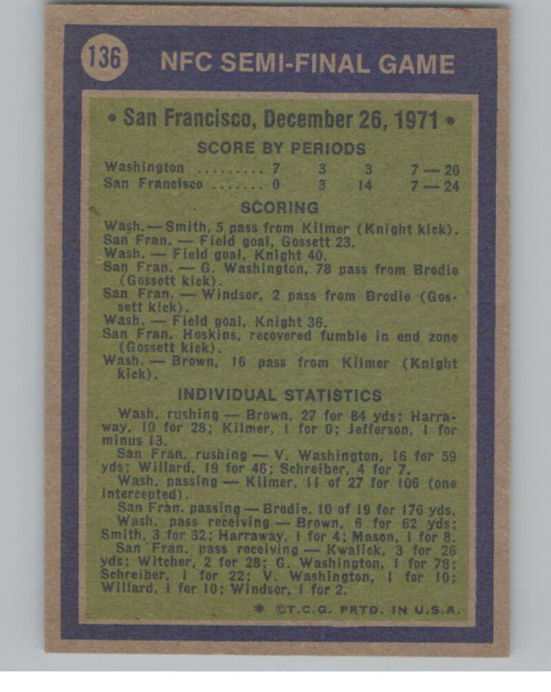 1972 Topps #136 NFC Semi-Final San Francisco 49ers/Washington  101093 Image 2