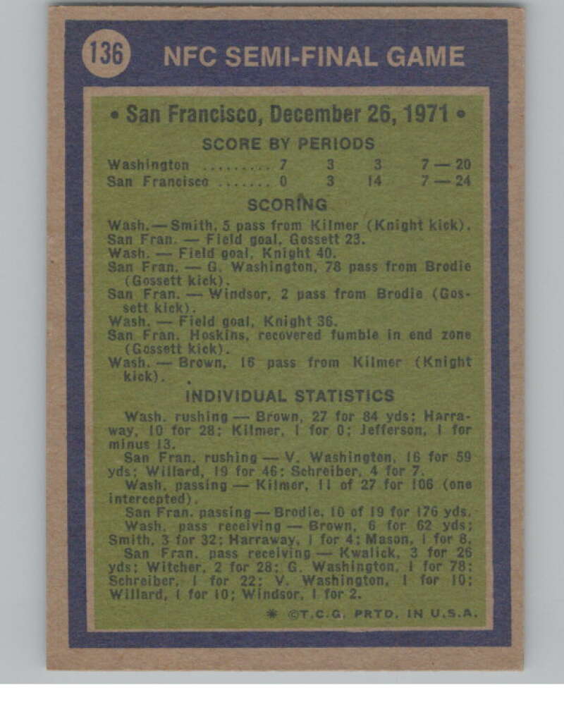 1972 Topps #136 NFC Semi-Final San Francisco 49ers/Washington  101094 Image 2