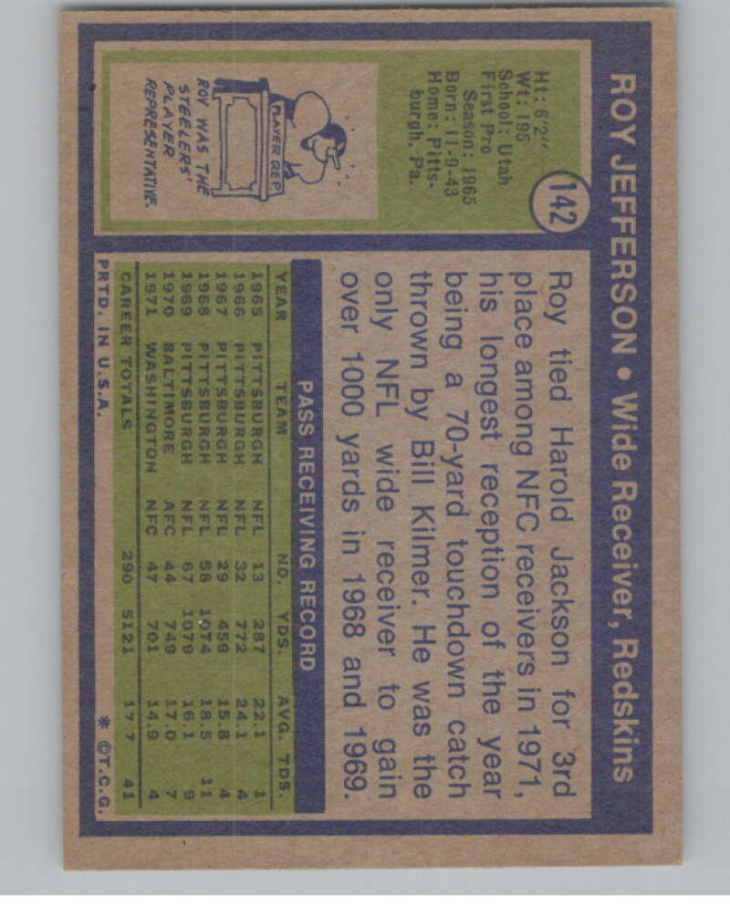 1972 Topps #142 Roy Jefferson  Washington Redskins  101095 Image 2