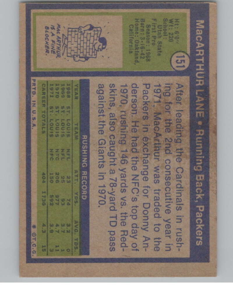 1972 Topps #151 MacArthur Lane  Green Bay Packers  101097 Image 2