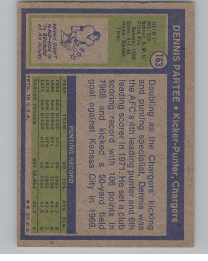 1972 Topps #163 Dennis Partee  San Diego Chargers  101099 Image 2