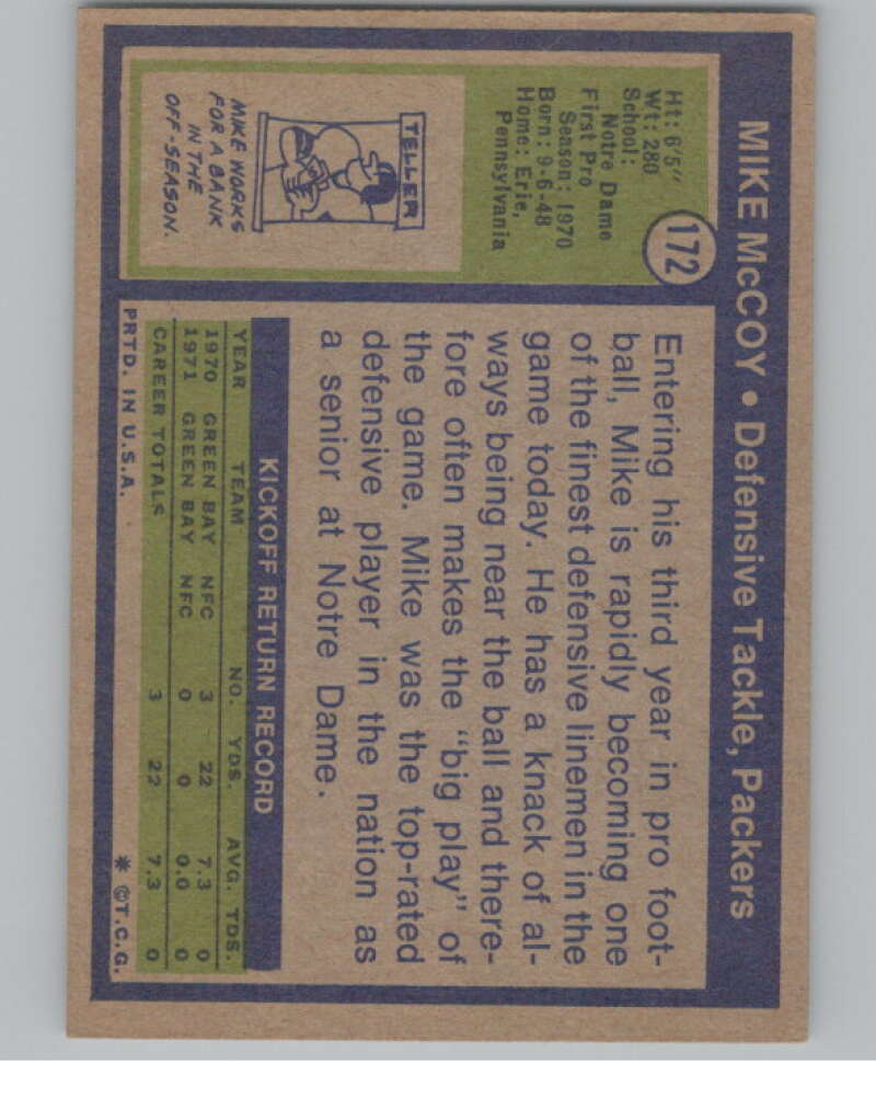 1972 Topps #172 Mike McCoy  Green Bay Packers  101103 Image 2
