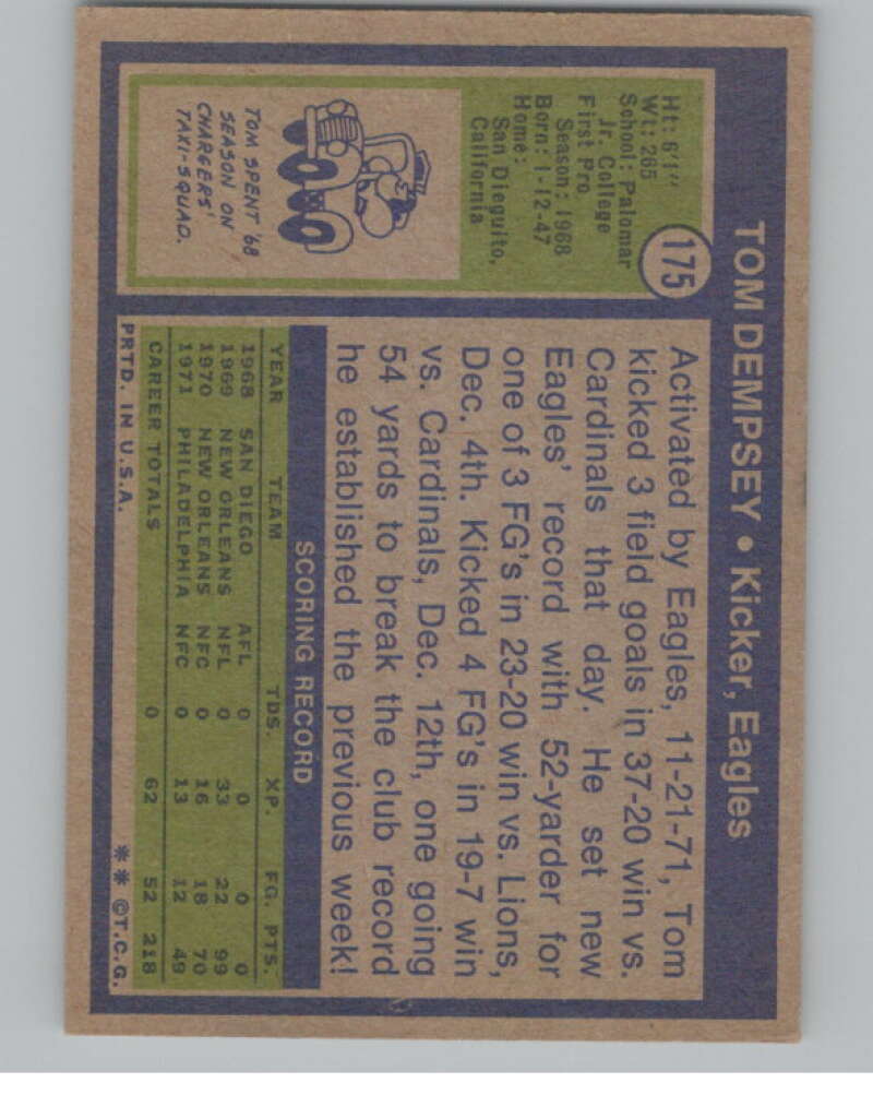 1972 Topps #175 Tom Dempsey  New Orleans Saints  101105 Image 2
