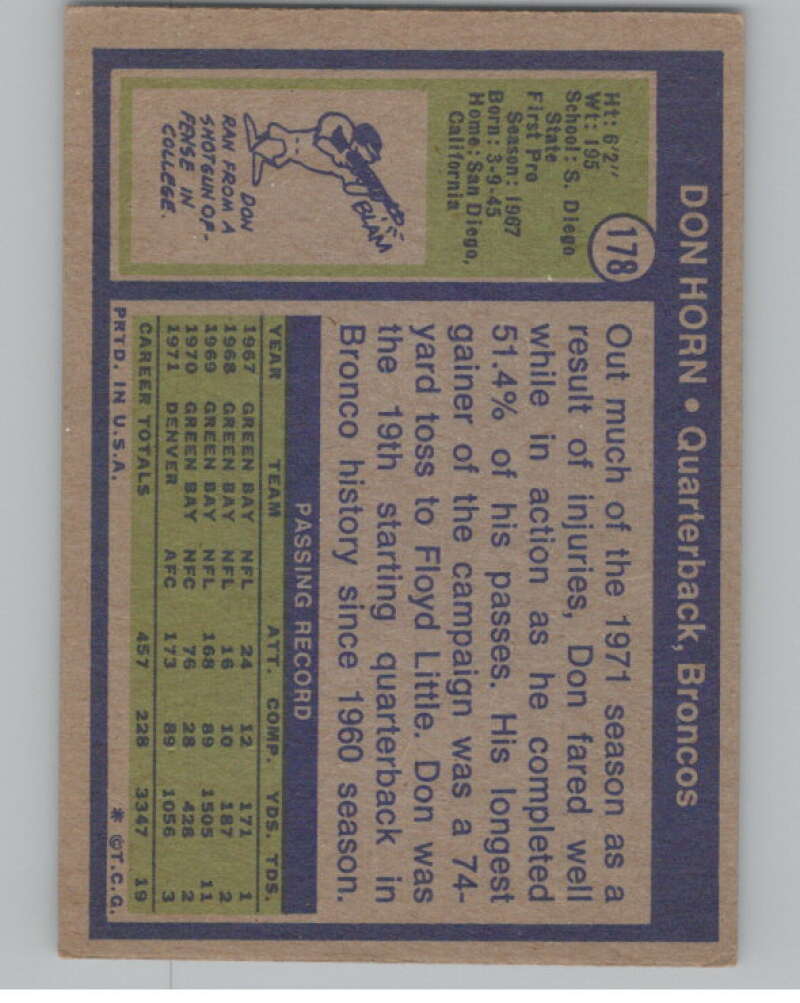 1972 Topps #178 Don Horn  Denver Broncos  101108 Image 2