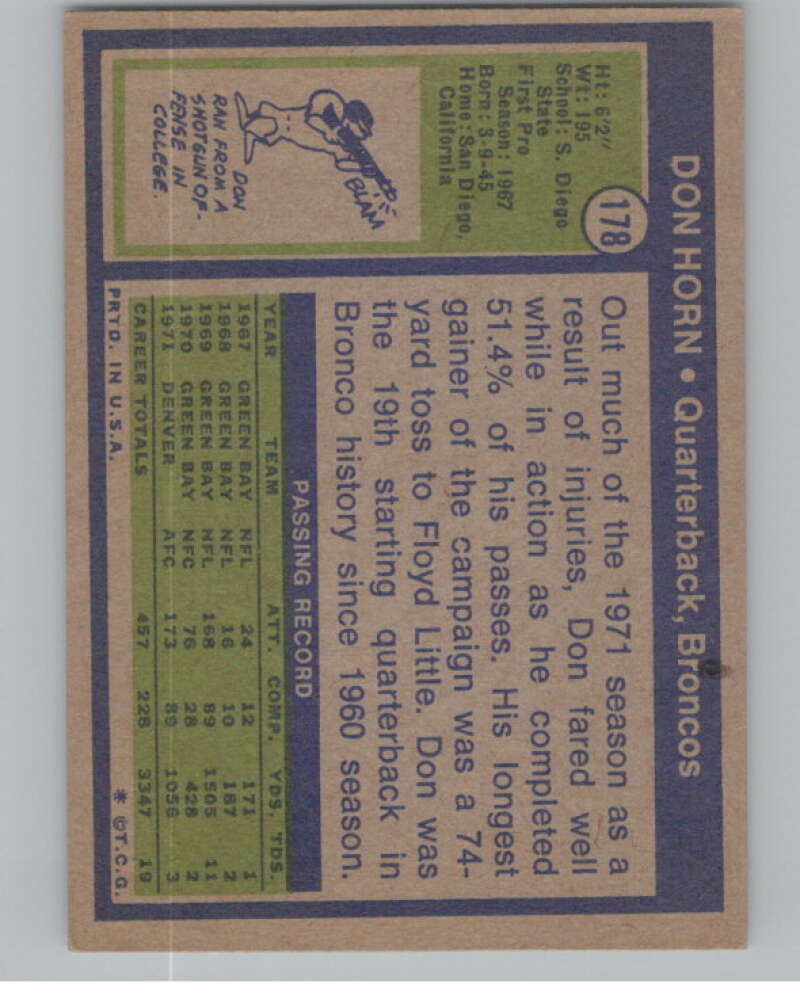 1972 Topps #178 Don Horn  Denver Broncos  101110 Image 2