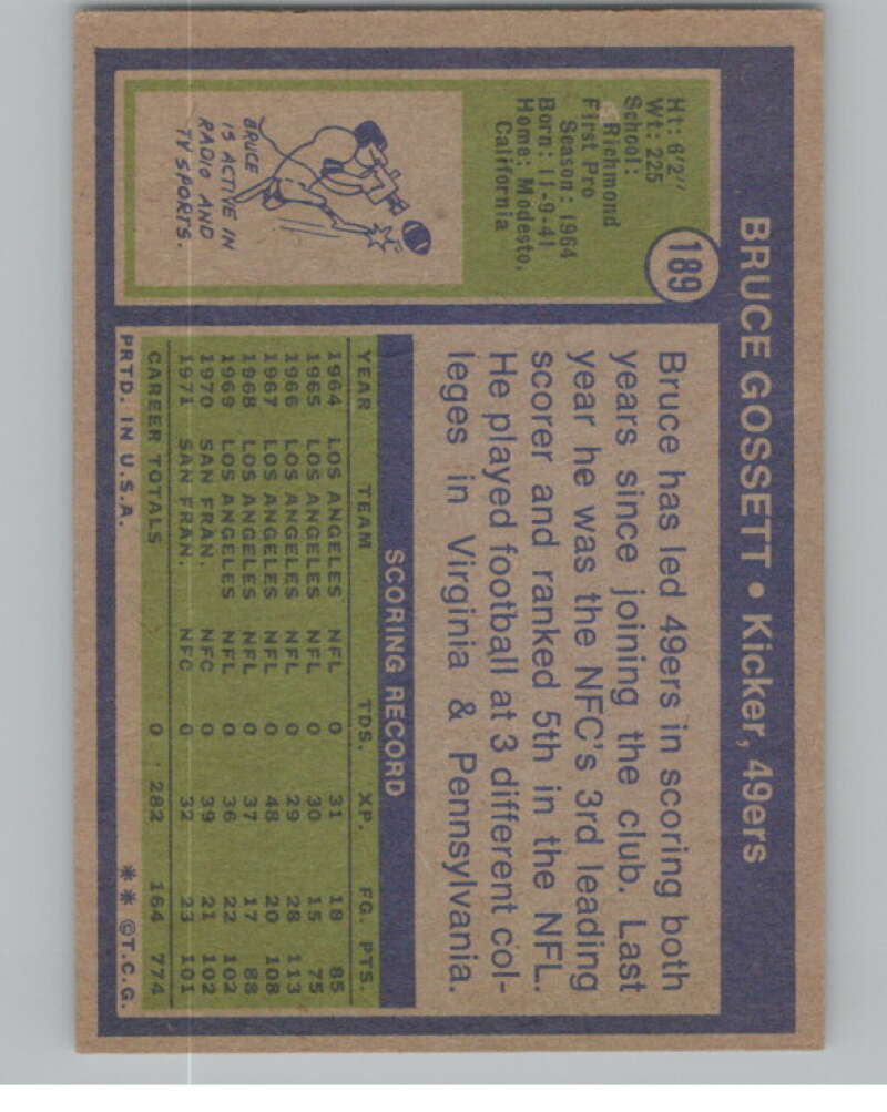 1972 Topps #189 Bruce Gossett  San Francisco 49ers  101112 Image 2