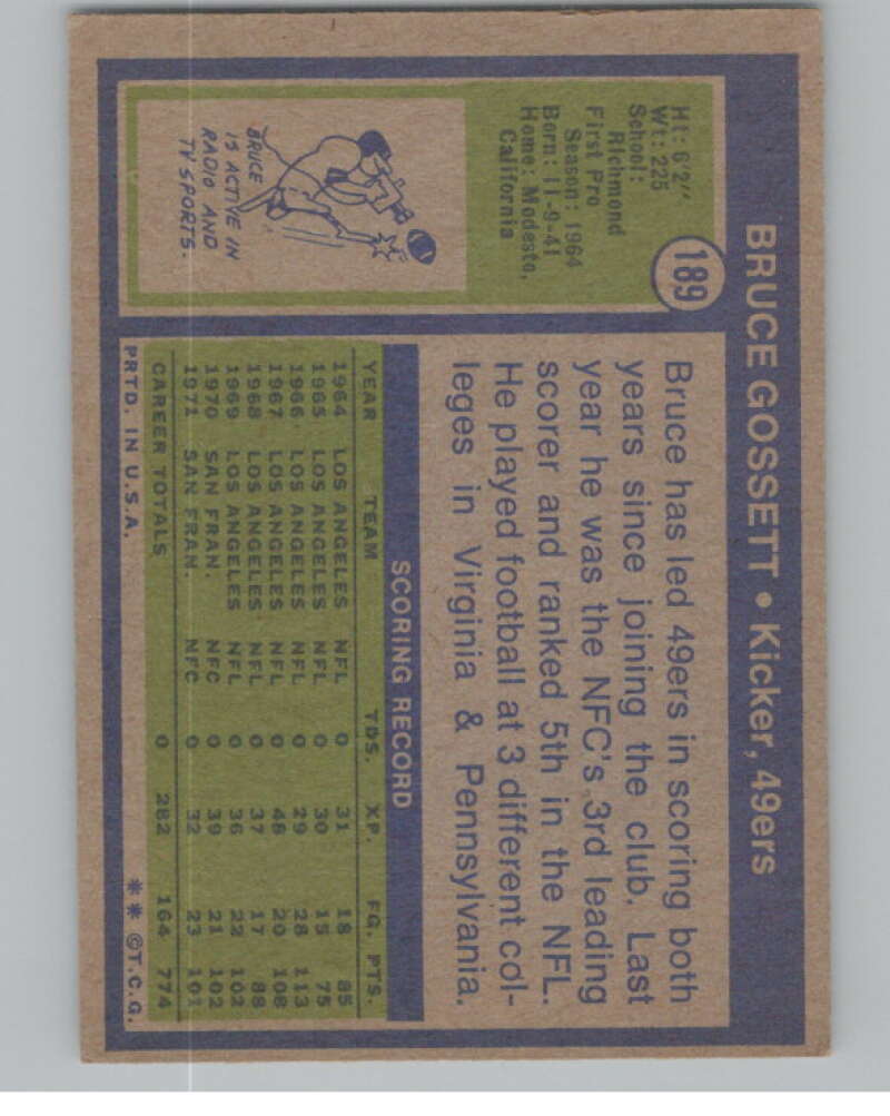 1972 Topps #189 Bruce Gossett  San Francisco 49ers  101113 Image 2