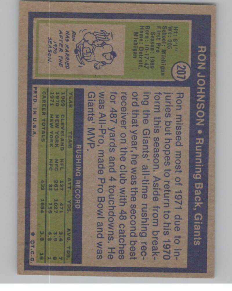 1972 Topps #207 Ron Johnson  New York Giants  101119 Image 2