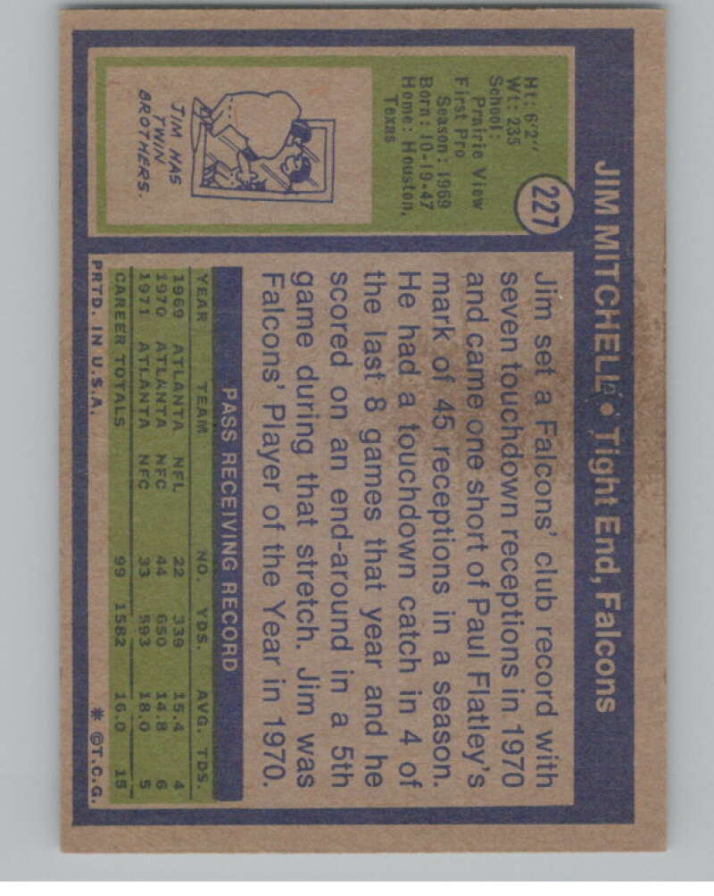 1972 Topps #227 Jim Mitchell  Atlanta Falcons  101123 Image 2