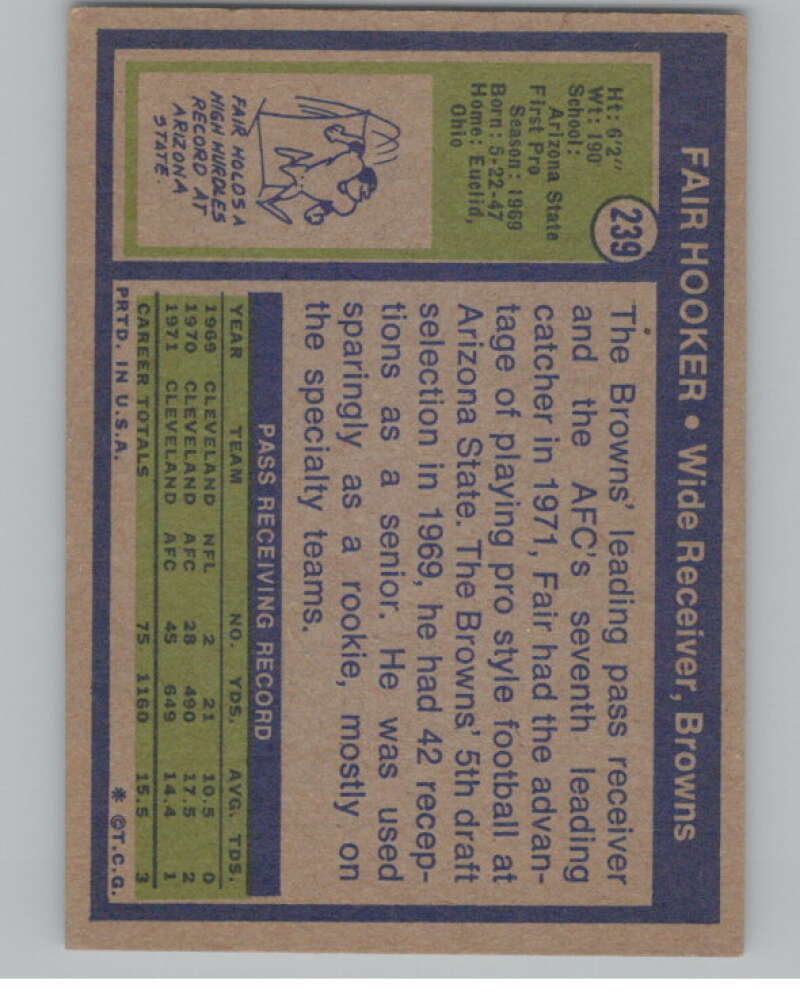 1972 Topps #239 Fair Hooker  Cleveland Browns  101126 Image 2