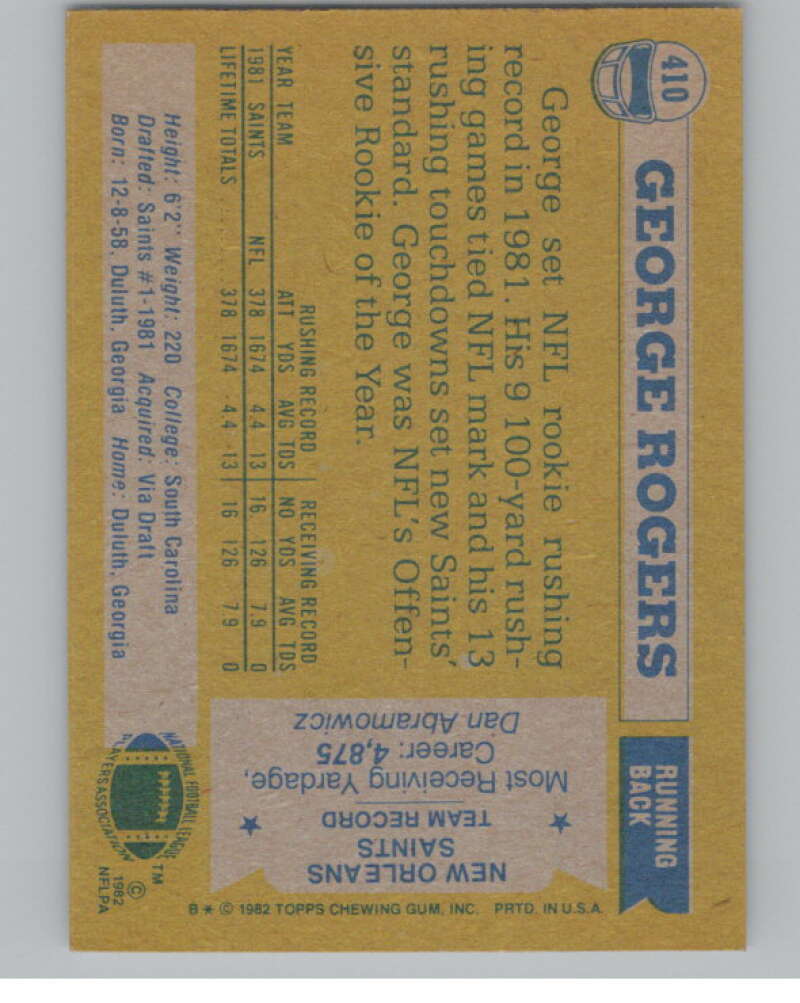 1982 Topps #410 George Rogers  RC Rookie New Orleans Saints  101133 Image 2