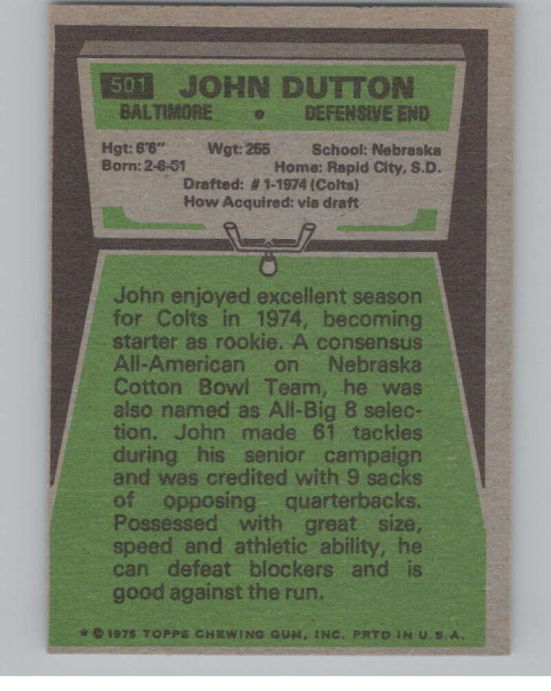 1975 Topps #501 John Dutton  RC Rookie Baltimore Colts  101137 Image 2