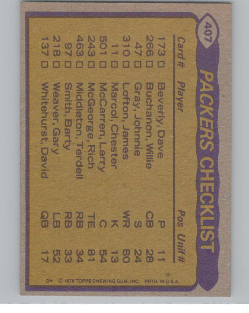 1979 Topps #407 Middleton/Lofton/Buchanon/ Johnson TL Packers  101139 Image 2