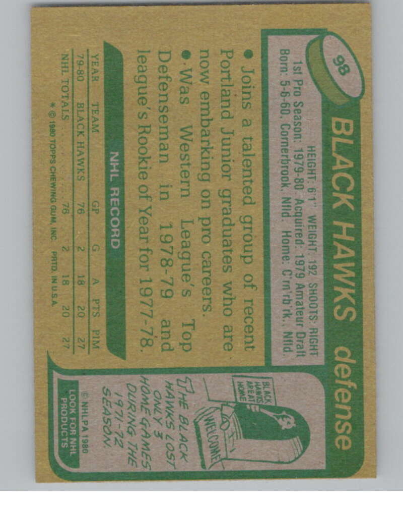 1980-81 Topps #98 Keith Brown UNSCRATCHED RC Rookie Blackhawks  V101145 Image 2