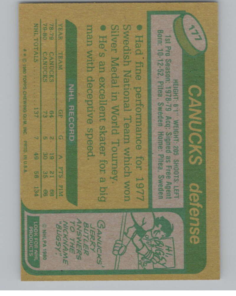 1980-81 Topps #177 Lars Lindgren UNSCRATCHED RC Rookie Canucks  V101151 Image 2