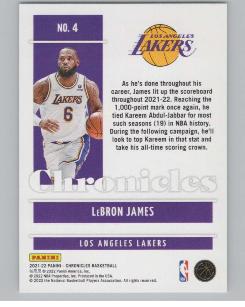 2021-22 Panini Chronicles #4 LeBron James  Los Angeles Lakers  V101162 Image 2