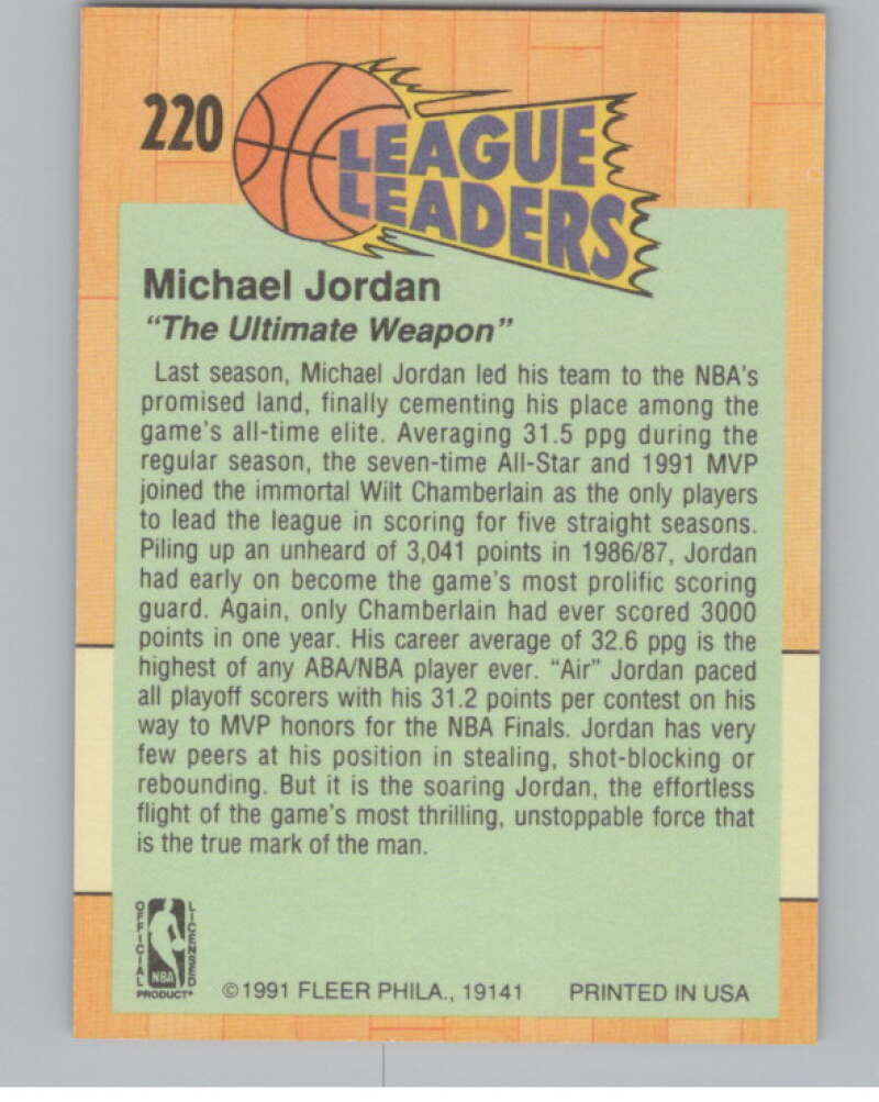 1991-92 Fleer #220 Michael Jordan LL  Chicago Bulls  V101176 Image 2