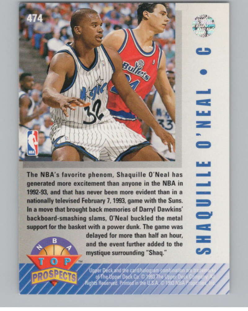 1992-93 Upper Deck #474 Shaquille O'Neal  Orlando Magic  V101178 Image 2