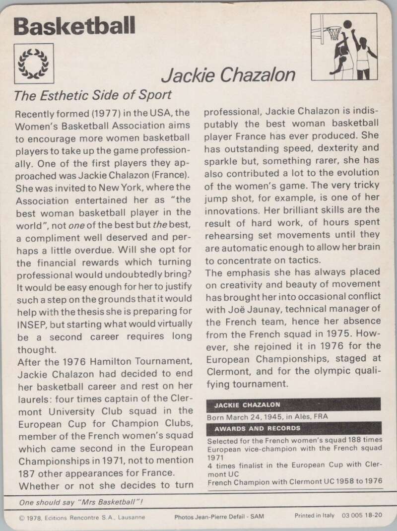 1978 Sportscaster #1820 Jackie Chazalon Basketball Photo Card  Image 2
