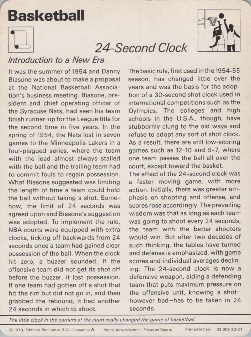 1978 Sportscaster #2021 24-SeBasketball Photo Card Clock Basketball Photo Card  Image 2