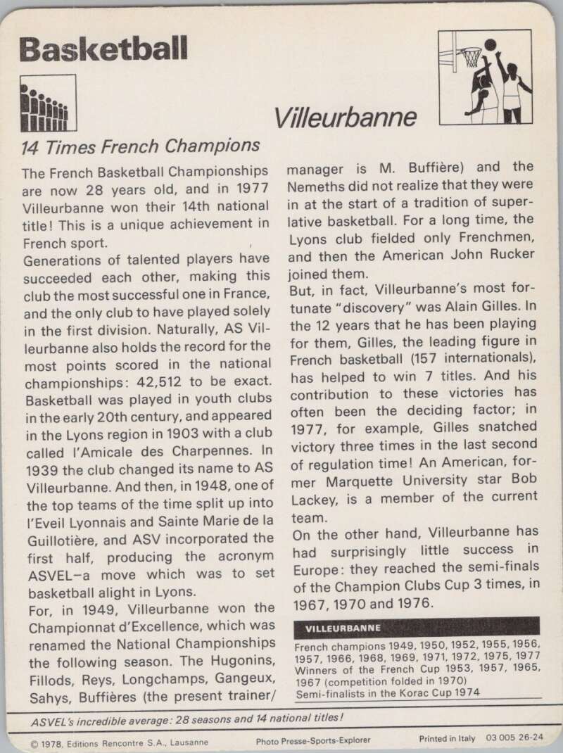 1978 Sportscaster #2624 Villeurbanne Basketball Photo Card  Image 2