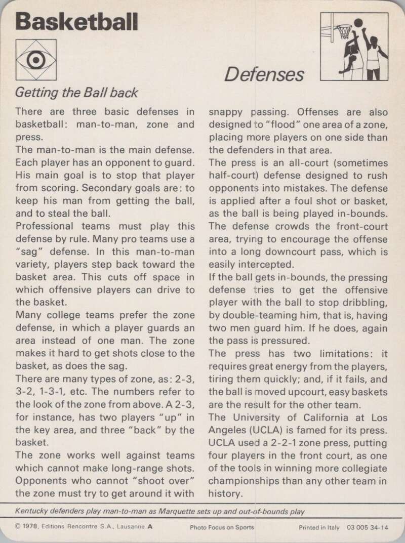 1978 Sportscaster #3414 Defenses Basketball Photo Card  Image 2
