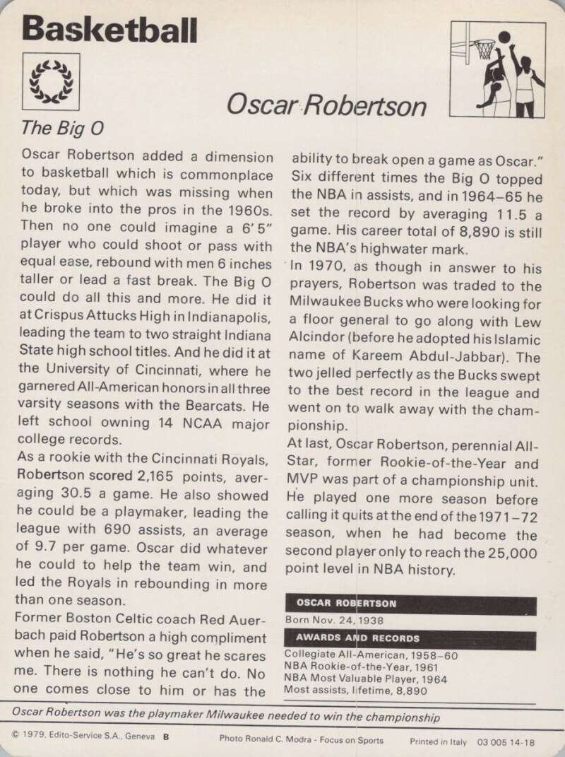 1979 Sportscaster #1418 Oscar Robertson Basketball Photo Card  Image 2