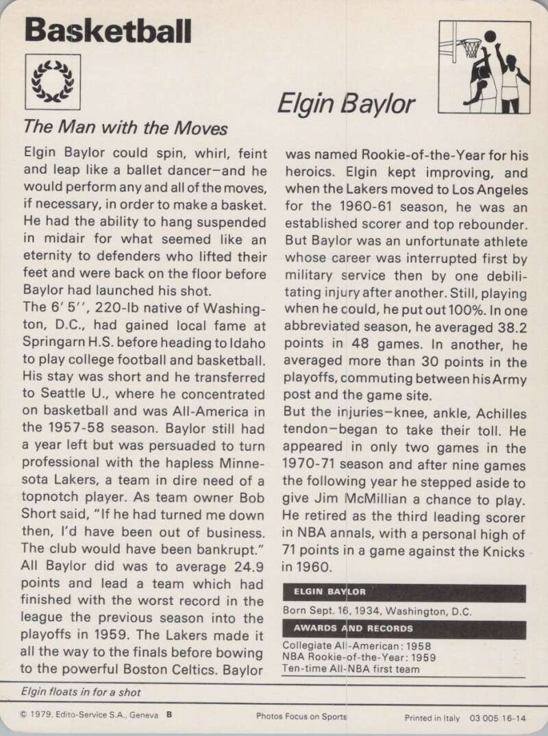 1979 Sportscaster #1614 Elgin Baylor Basketball Photo Card  Image 2