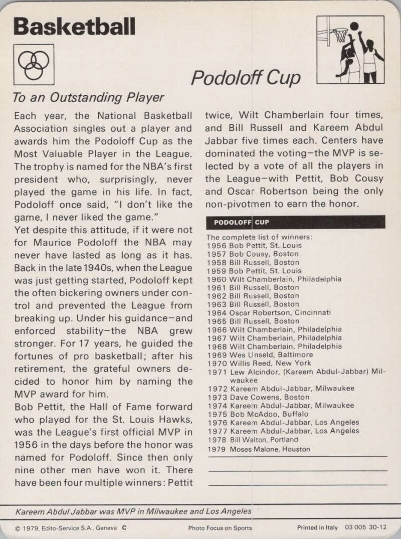 1979 Sportscaster #3012 Podoloff Cup Basketball Photo Card  Image 2