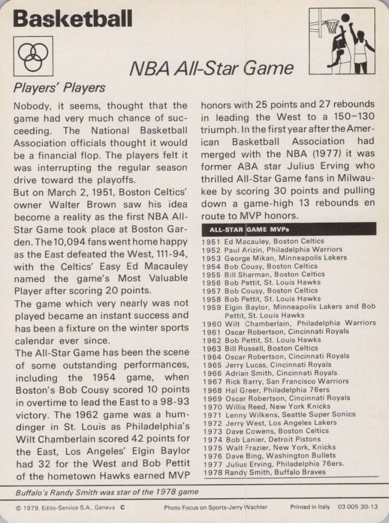 1979 Sportscaster #3013 NBA All-Star Game Basketball Photo Card  Image 2