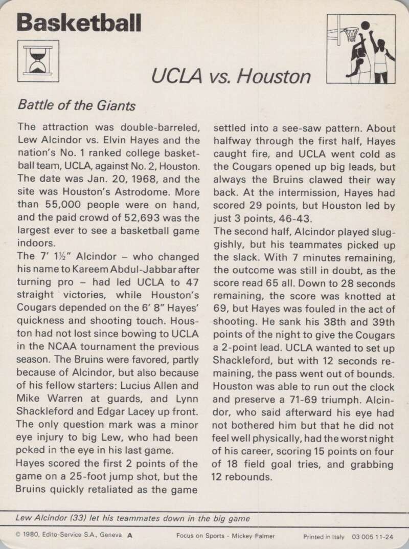 1980 Sportscaster #1124 UCLA vs. Houston Basketball Photo Card  Image 2