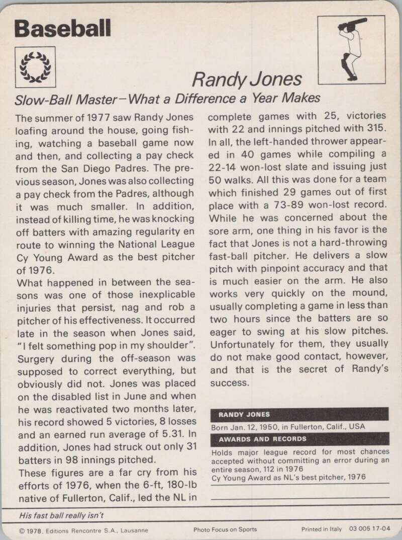 1978 Sportscaster #1704 Randy Jones Baseball Photo Card  Image 2