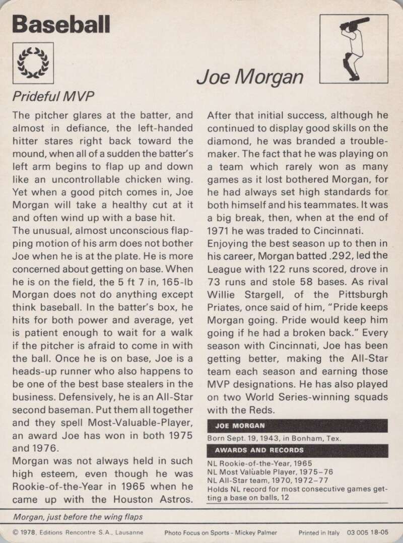 1978 Sportscaster #1805 Joe Morgan Baseball Photo Card  Image 2