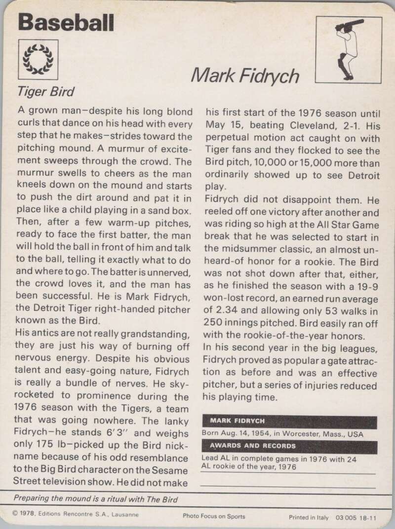 1978 Sportscaster #1811 Mark Fidrych Baseball Photo Card  Image 2