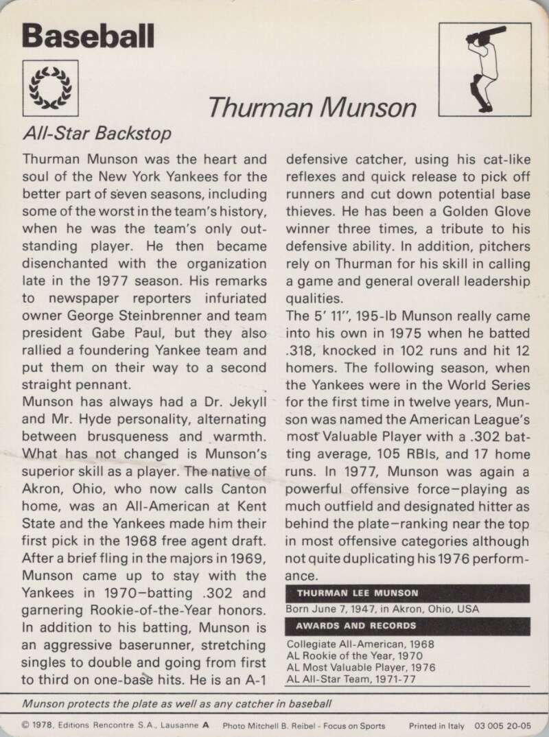 1978 Sportscaster #2005 Thurman Munson Baseball Photo Card  Image 2