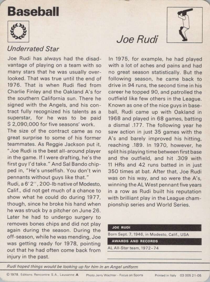 1978 Sportscaster #2105 Joe Rudi Baseball Photo Card  Image 2
