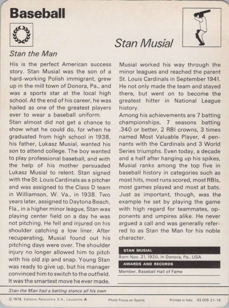 1978 Sportscaster #2116 Stan Musial Baseball Photo Card  Image 2