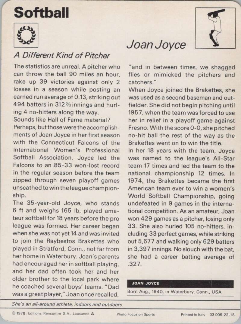 1978 Sportscaster #2218 Joan Joyce Baseball Photo Card  Image 2