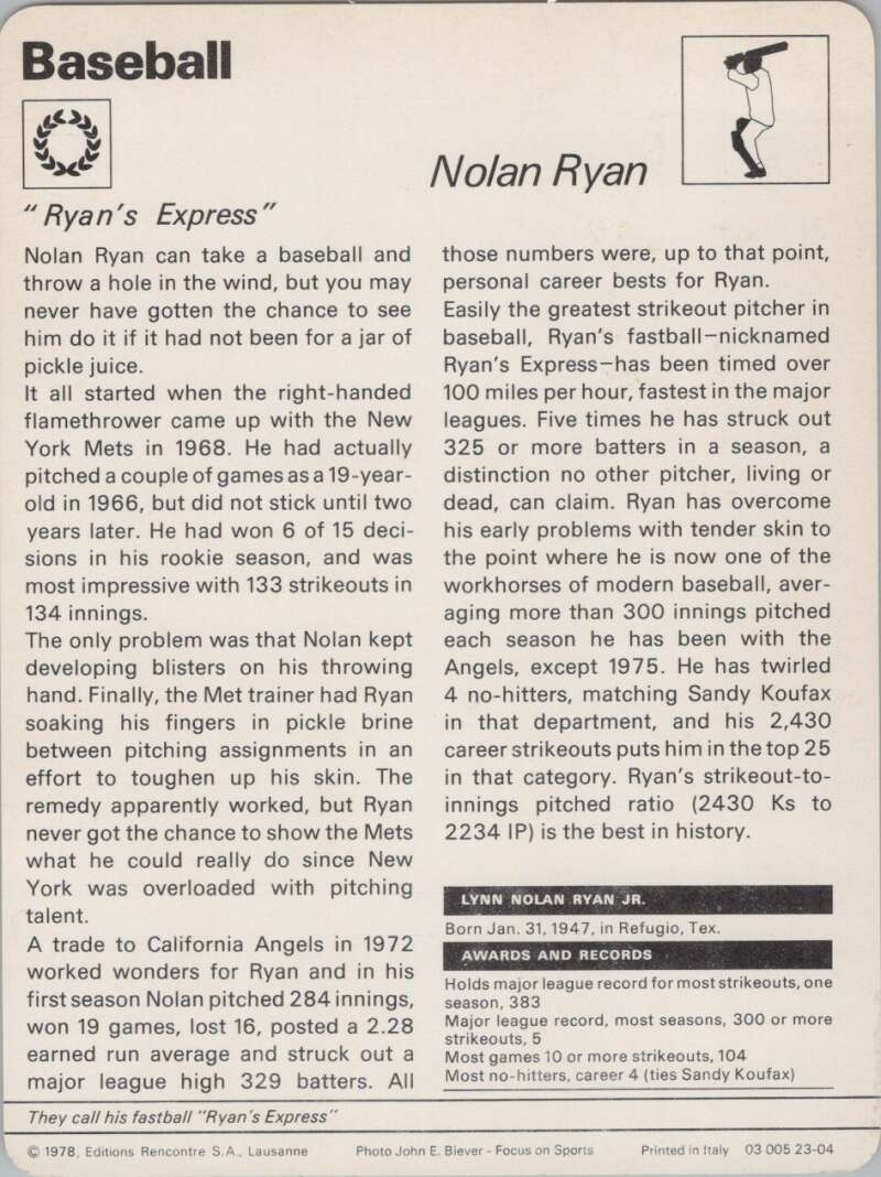 1978 Sportscaster #2304 Nolan Ryan Baseball Photo Card  Image 2