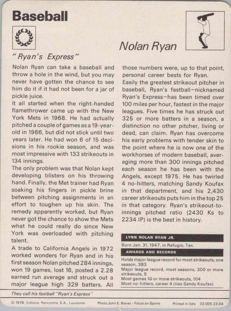 1978 Sportscaster #2304 Nolan Ryan Baseball Photo Card  Image 2