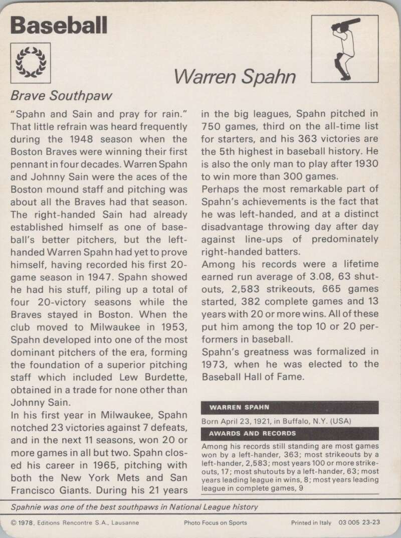 1978 Sportscaster #2323 Warren Spahn Baseball Photo Card  Image 2