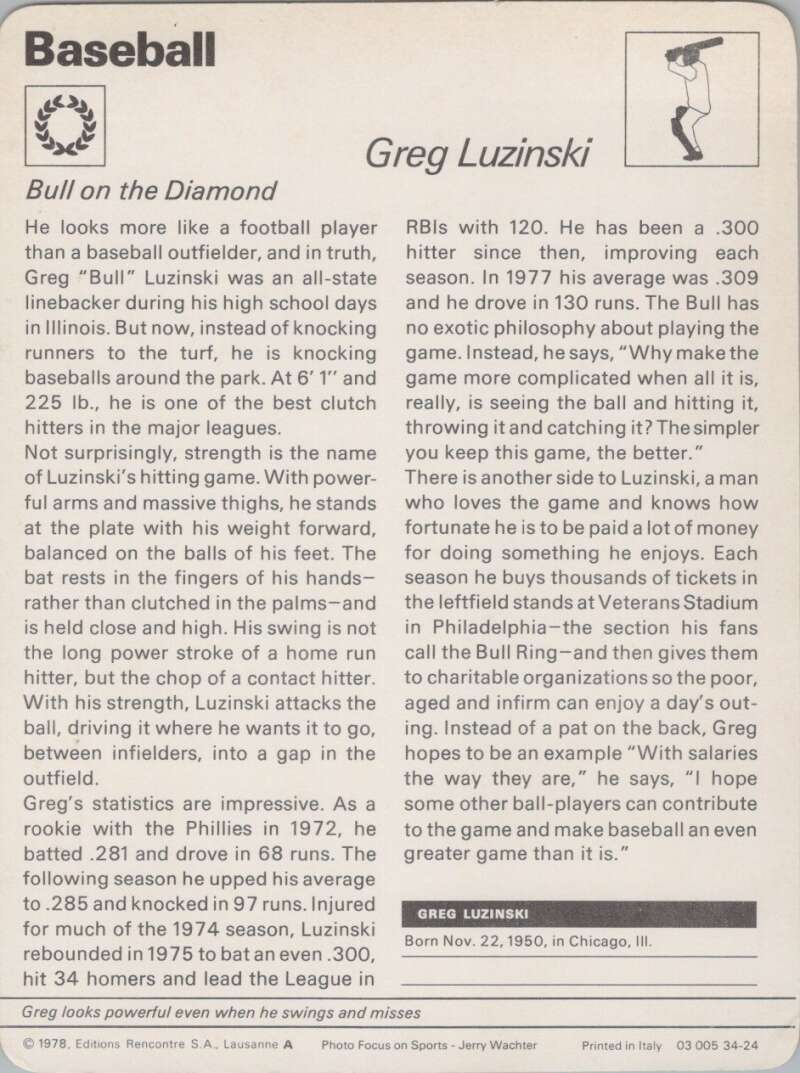 1978 Sportscaster #3424 Greg Luzinski Baseball Photo Card  Image 2