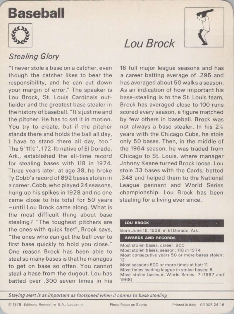 1978 Sportscaster #2416 Lou Brock Baseball Photo Card  Image 2