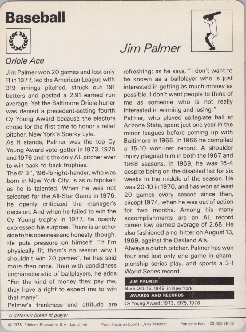 1978 Sportscaster #2615 Jim Palmer Baseball Photo Card  Image 2